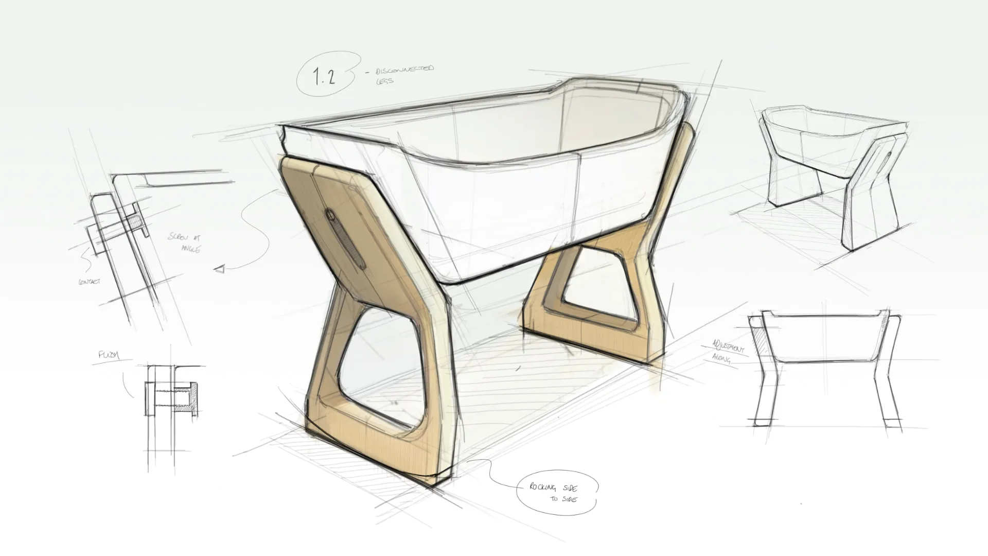 Concept sketches of the crib on angled legs, annotated with notes on disconnected legs, side to side rocking and height adjustment, beside detail sketches of the fixing.
