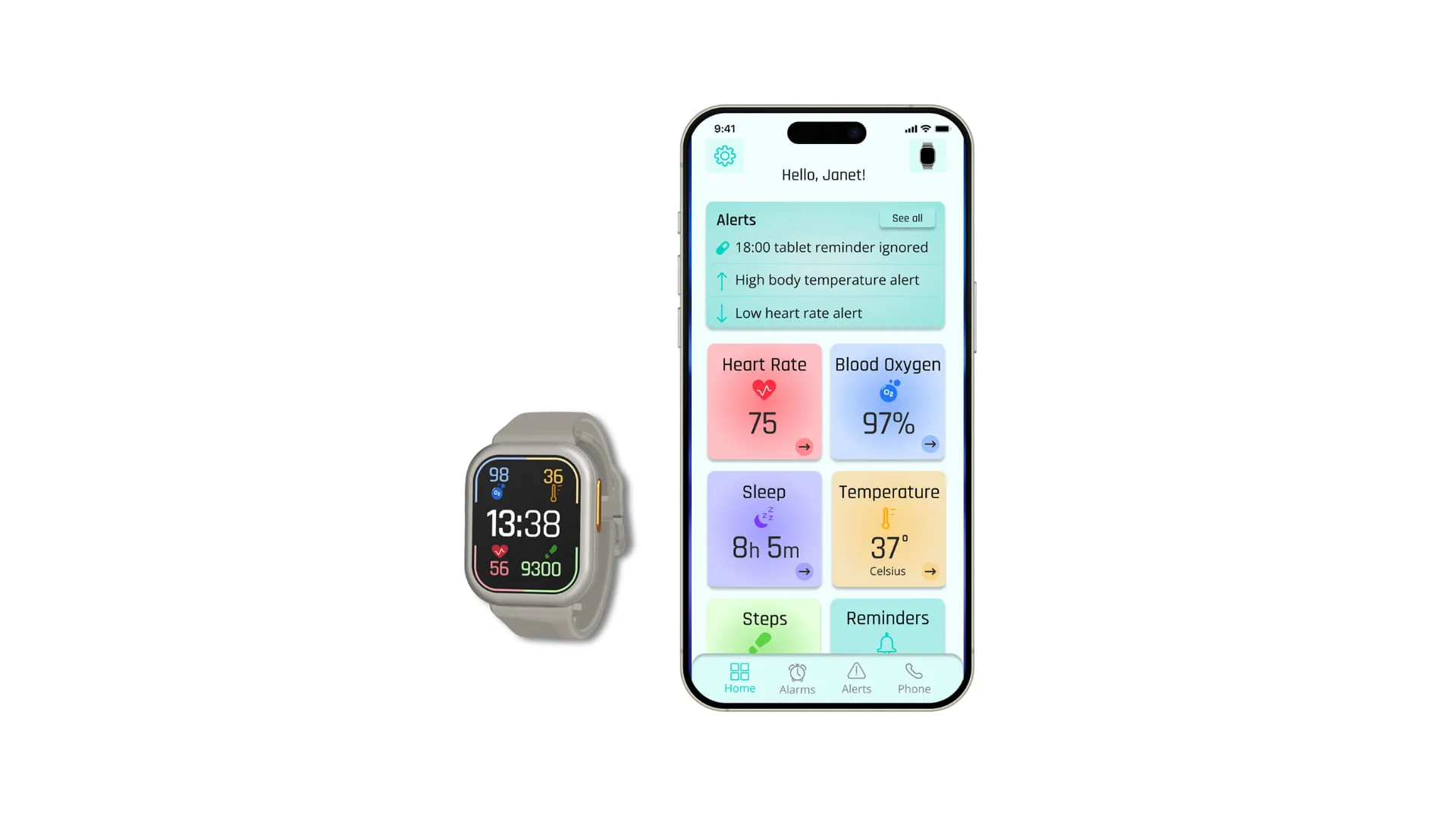 The watch next to a phone running the carer app, its home screen greeting Janet above an alerts list and pastel tiles for heart rate, blood oxygen, sleep, temperature, steps and reminders.