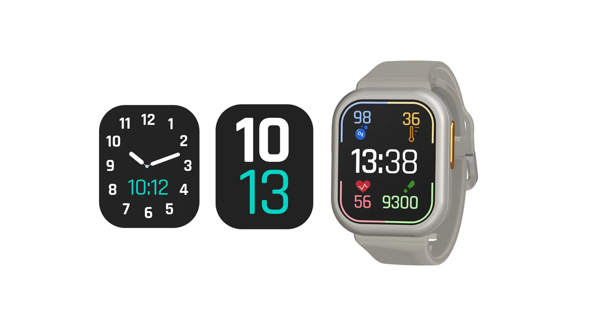 Two alternative watch faces beside the watch itself: an analogue dial with large numerals and a digital time readout, and a stacked digital face showing hours above minutes.