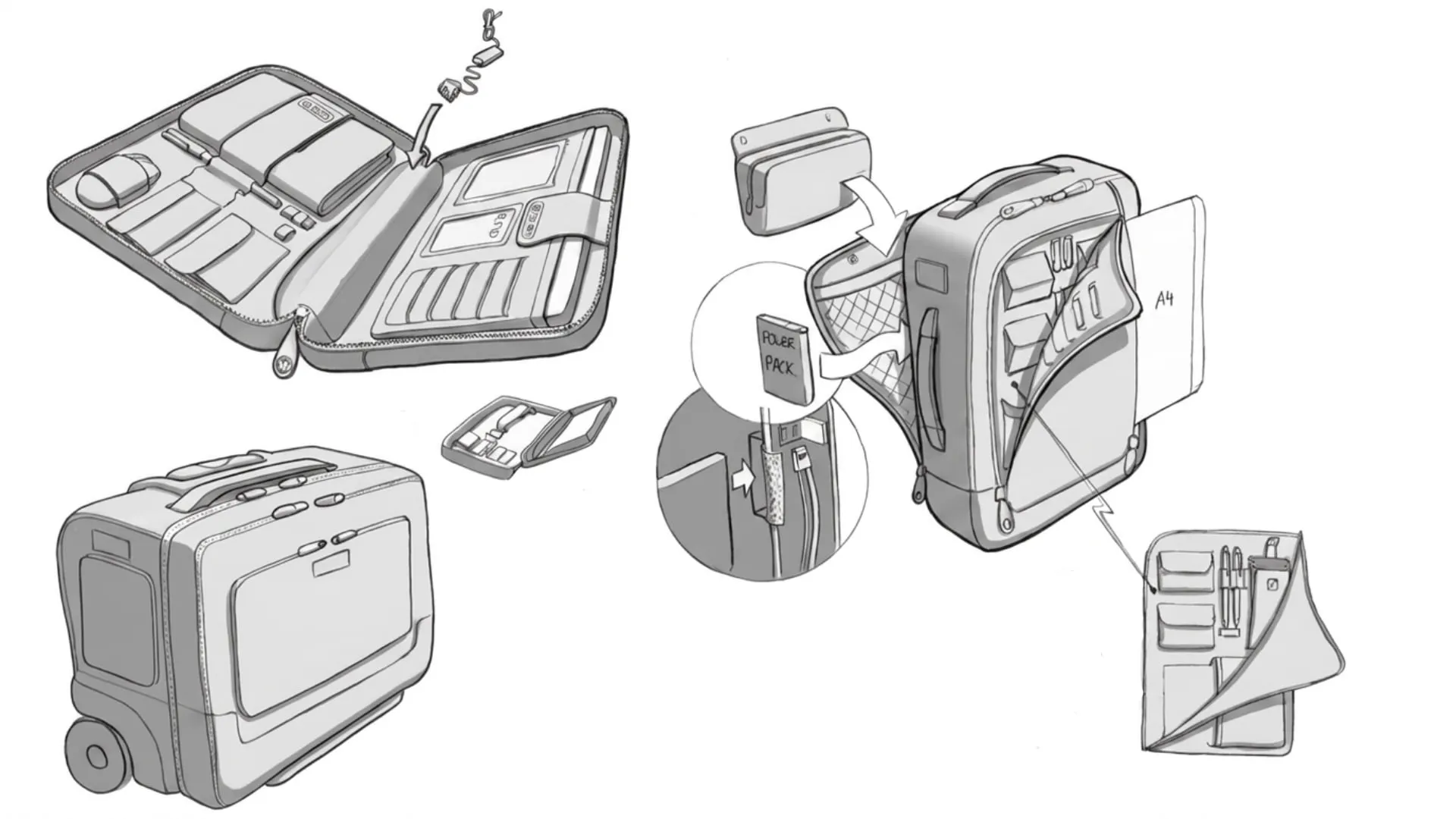 Greyscale concept sketches of the range: the opened messenger case laid flat with its pen and cable slots, the wheeled trolley case, and a cutaway of the day-sack showing an A4 sleeve, a stowed pouch and a power pack wired to an internal charging point.