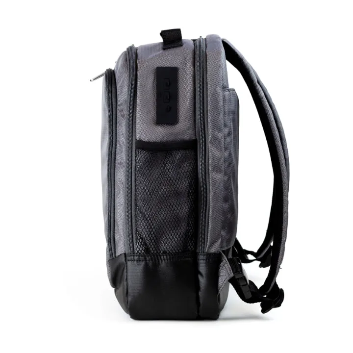 The Bisley day-sack seen side on, showing the grey ballistic nylon body, the mesh side pocket, the wipe clean black base and the moulded charging port on the top panel.