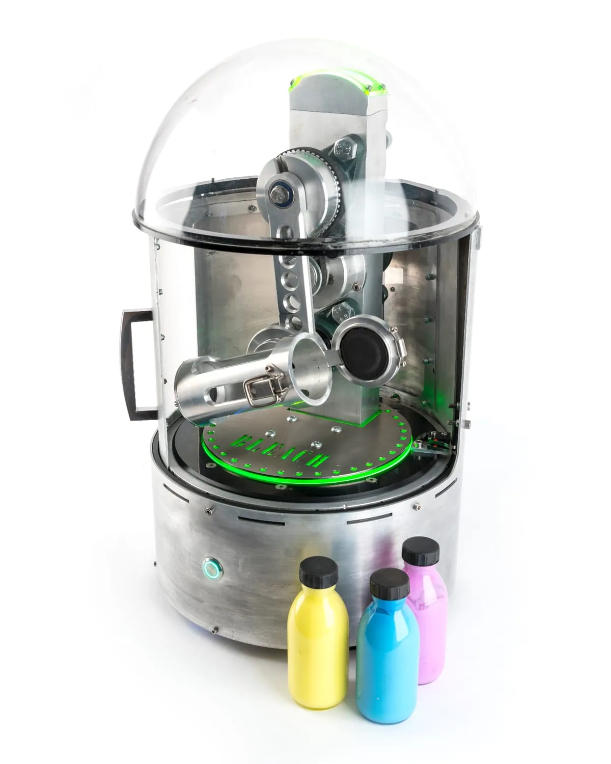 The Bleach London dye mixing machine with colour bottles, developed with Bang Creations