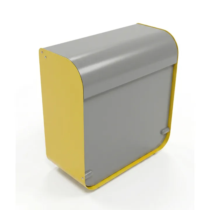 The fire-resistant street bin seen from three quarters, a grey curved-top steel body wrapped in a yellow frame that carries it clear of the ground.