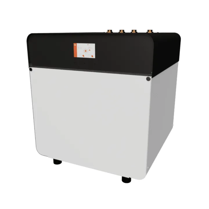 The Kensa Shoebox NX ground source heat pump, a white cube-shaped unit with a black top panel, four copper pipe connections along the top edge and a small orange touchscreen on the front.