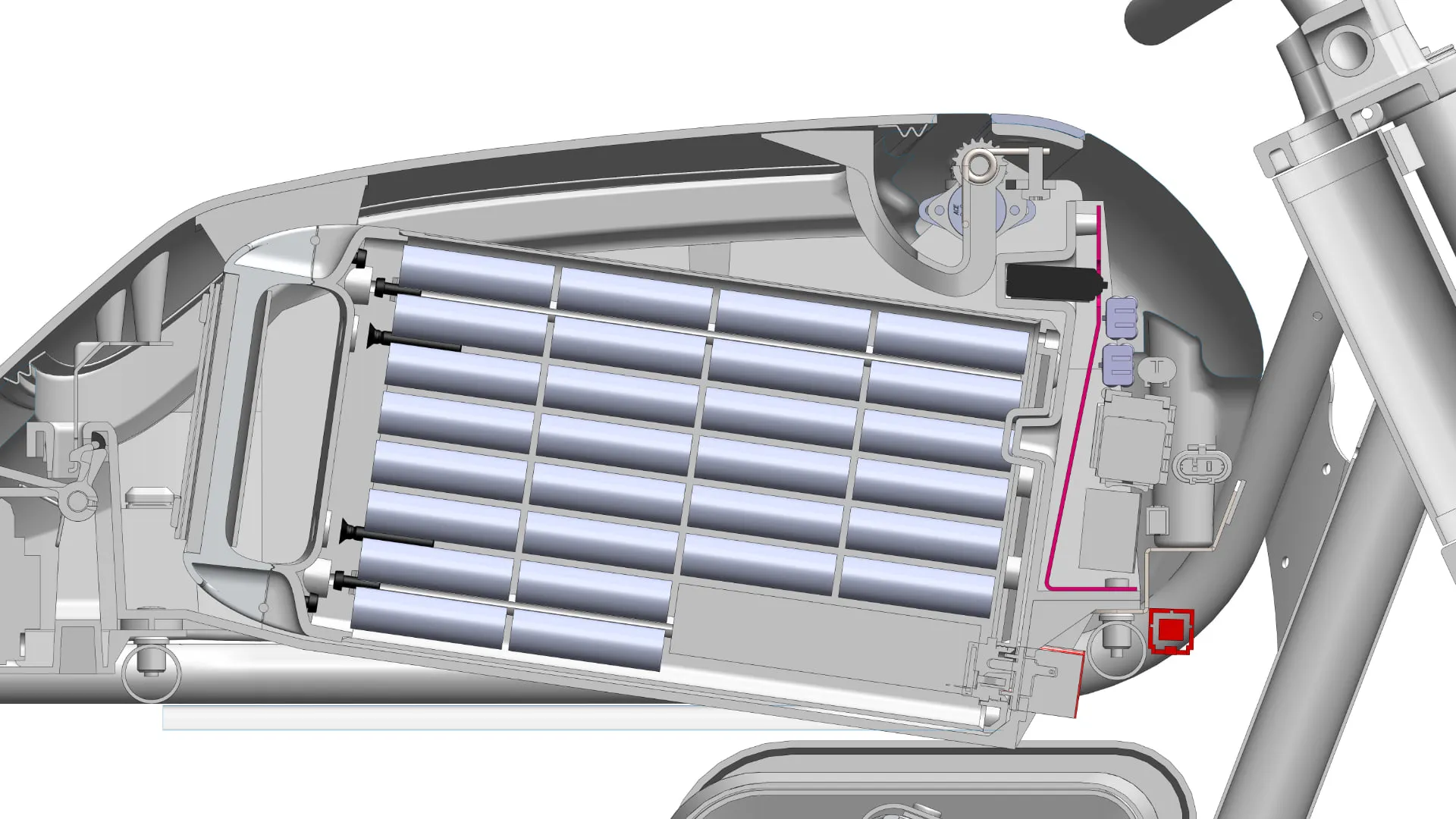 A CAD cutaway of the battery pack interior, showing rows of cylindrical cells with their wiring and connectors.