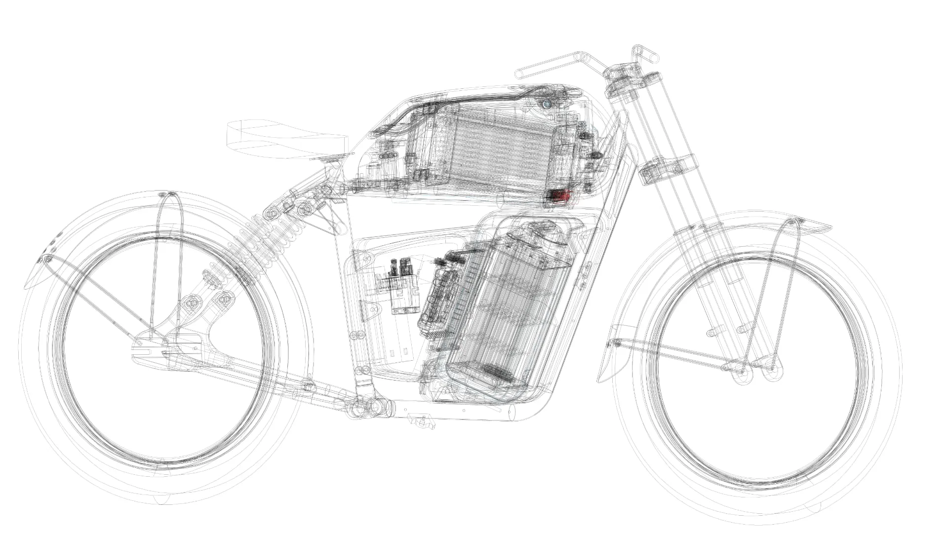 A CAD wireframe side view of the motorcycle, showing the internal battery, motor and wiring through the transparent bodywork.