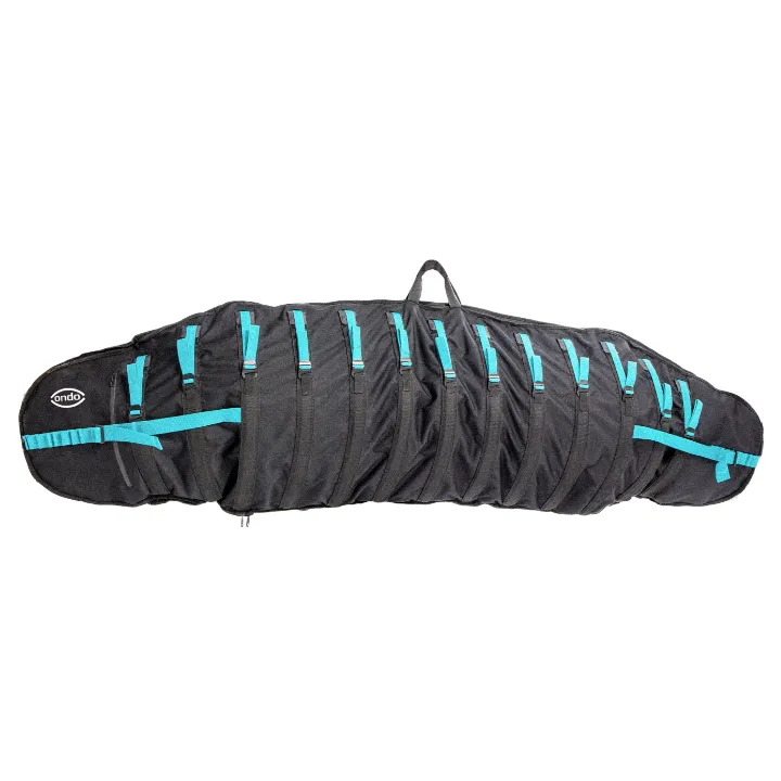 The closed Ondo board bag on a white background, its black body cinched by a row of turquoise webbing straps, with the ondo logo on the nose end.
