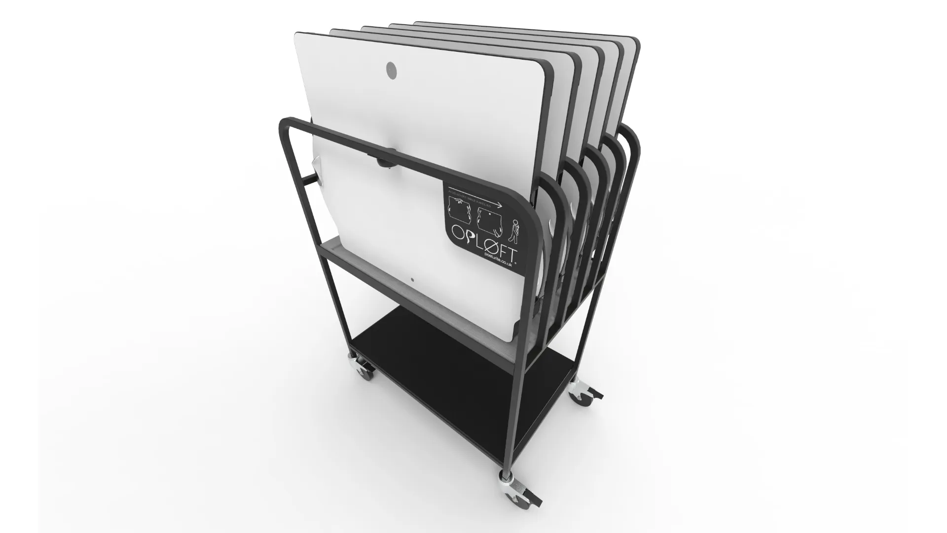 CAD render of the Opløft storage stand on a white background, showing the tubular steel frame holding six desktops upright with the OPLØFT instruction graphic on the nearest panel.