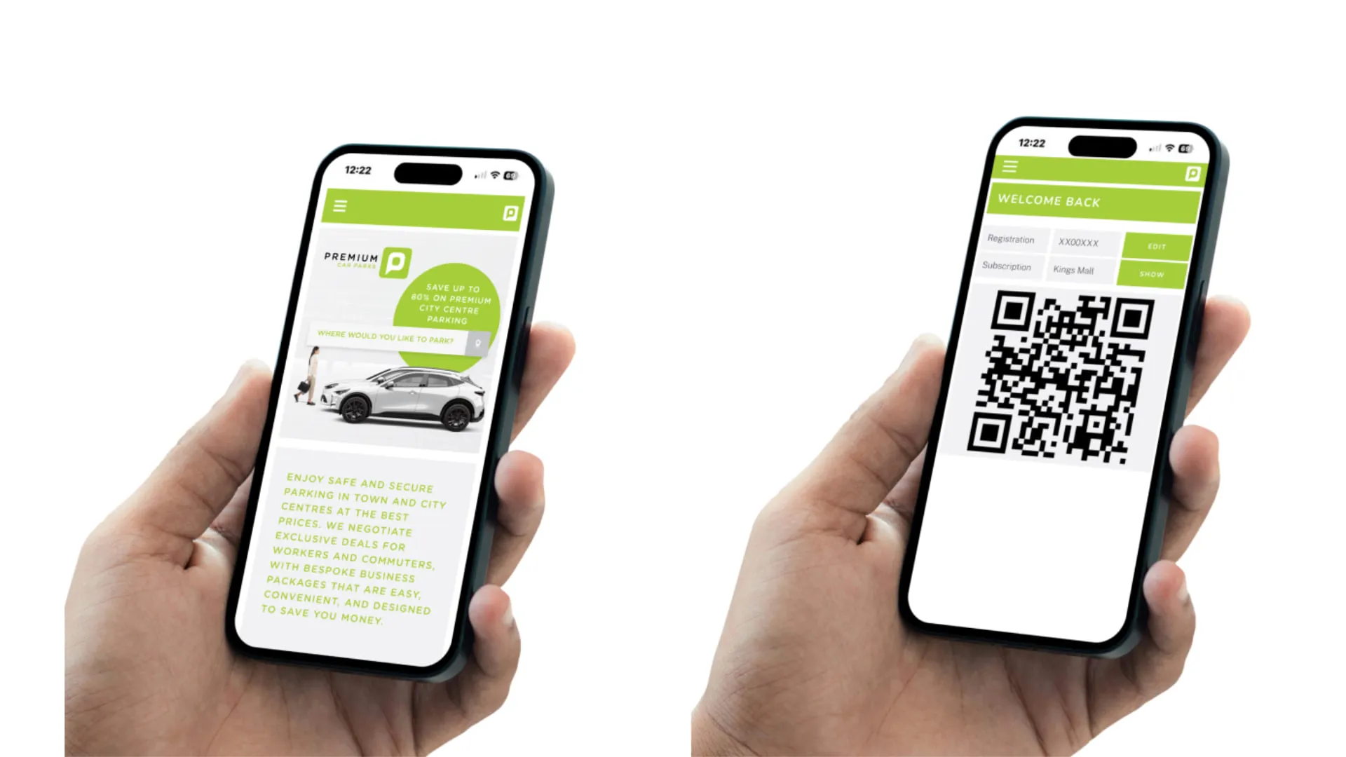 Two hands holding phones running the app: one on the home screen with the parking search, the other on a Welcome back screen showing the registration, the subscription car park and a QR code pass.