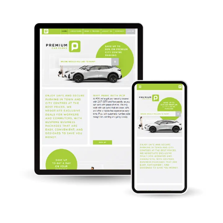 The Premium Car Parks site shown on a tablet and a phone, with the green logo, a where would you like to park search box over a white car, and the save up to 80 percent offer.