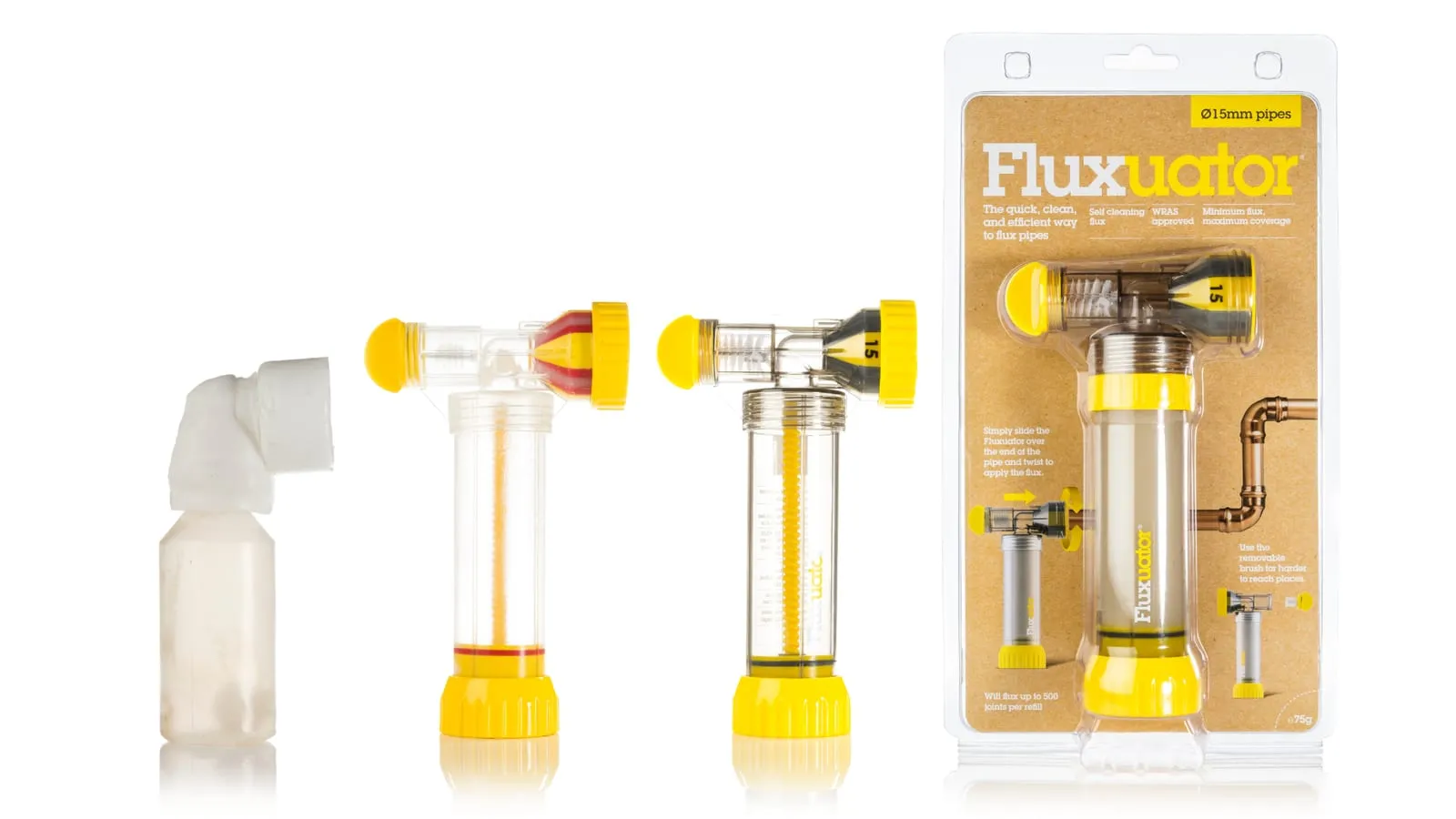 Four stages of the Fluxuator side by side against white: a plain white block mock-up, two clear working prototypes with yellow caps, and the finished product in its retail blister pack.