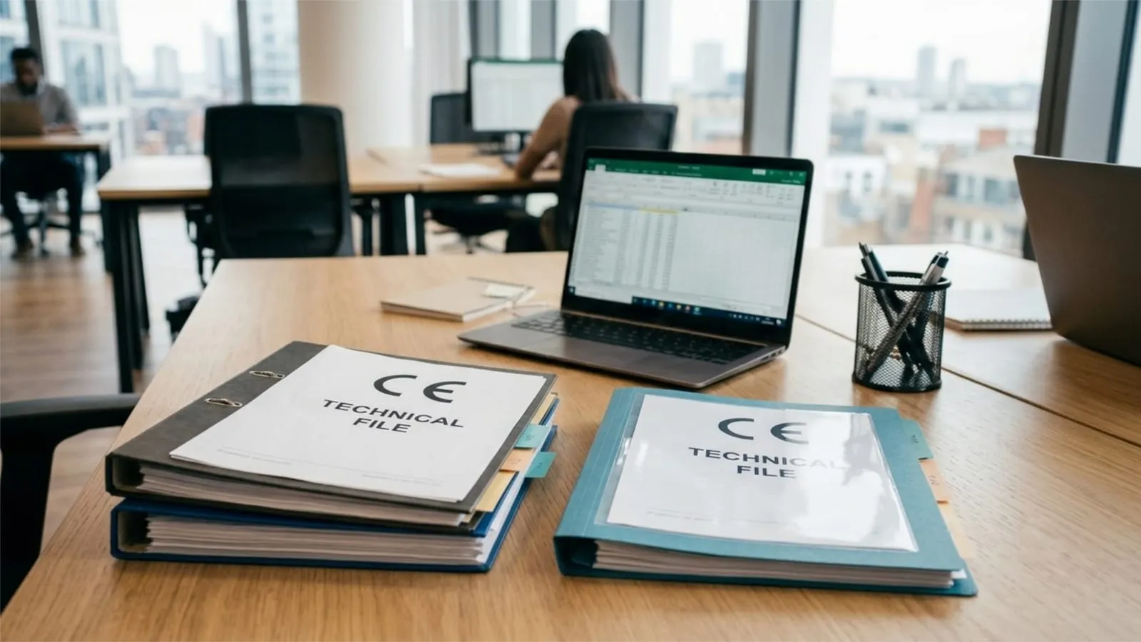 Two ring binders labelled CE Technical File stacked on a desk in an open plan office, tabbed with dividers, with a laptop open on a spreadsheet behind them.