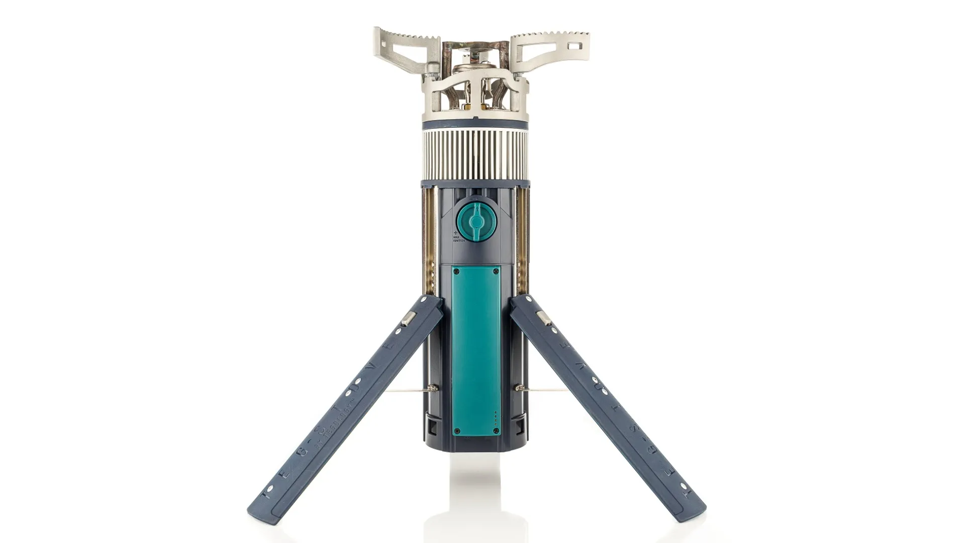 The Tegstove camping stove standing on its folding legs