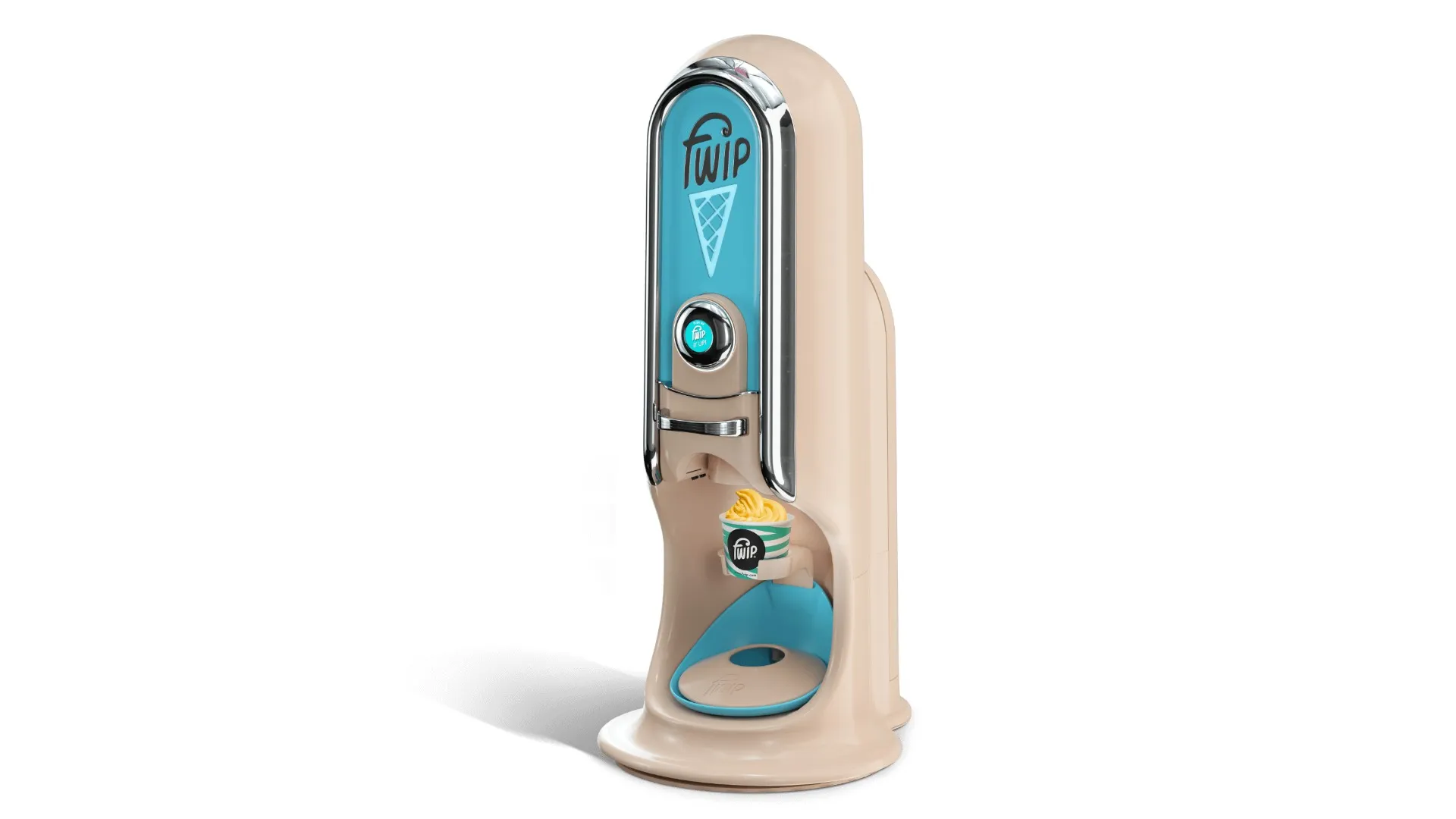 The Fwip Portobello frozen dessert machine dispensing soft serve into a cup