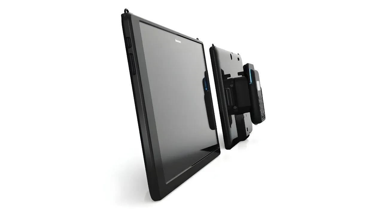 The MePOS mobile point of sale unit, shown from the front and back