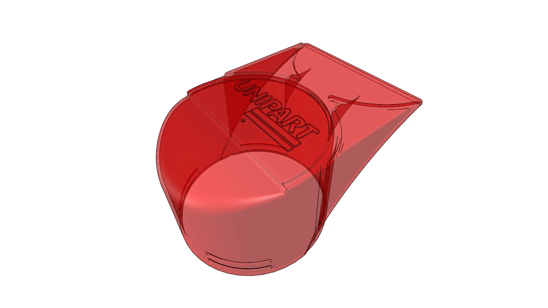 A translucent red CAD render of the cap, showing the internal wall that grips the can neck and the recesses moulded into the top and base.