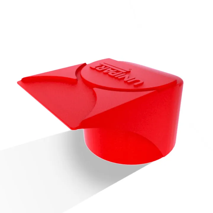 The Unipart de-icer cap in red, a round cap with the moulded Unipart logo on top and the ice scraper blade protruding from its side.